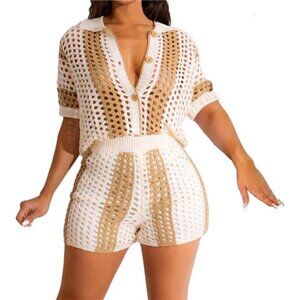 Women's 2-Piece Knitted Shorts Set -Beach Vacation‎ Outfit, Short Sleeve Summer